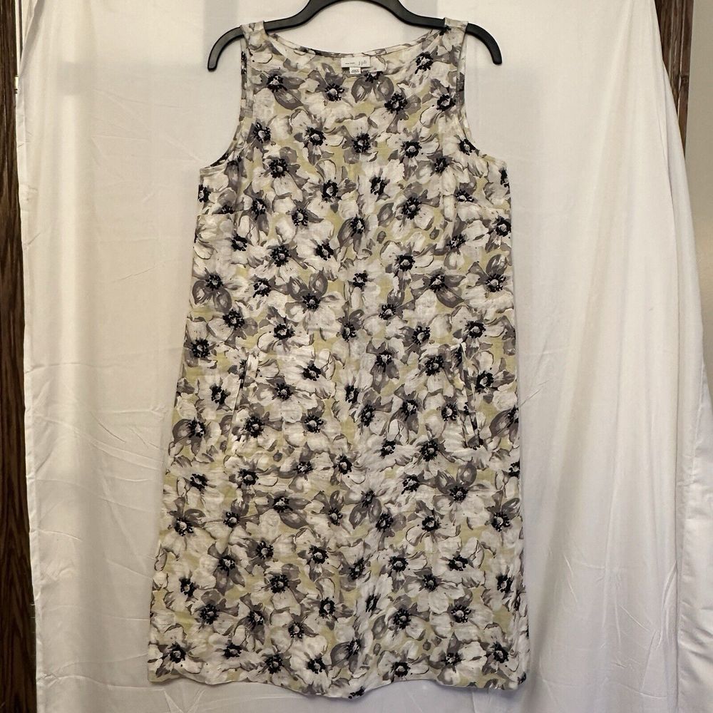 J. Jill Love Linen Small Shift‎ Dress 100% Linen Sleeveless Gray Yellow Floral